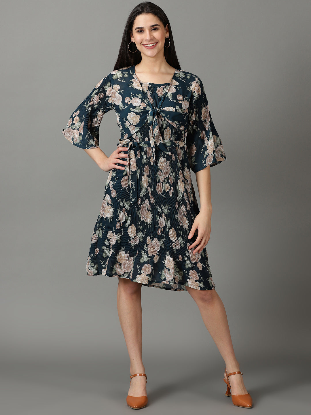 Women's Teal Printed Fit and Flare Dress