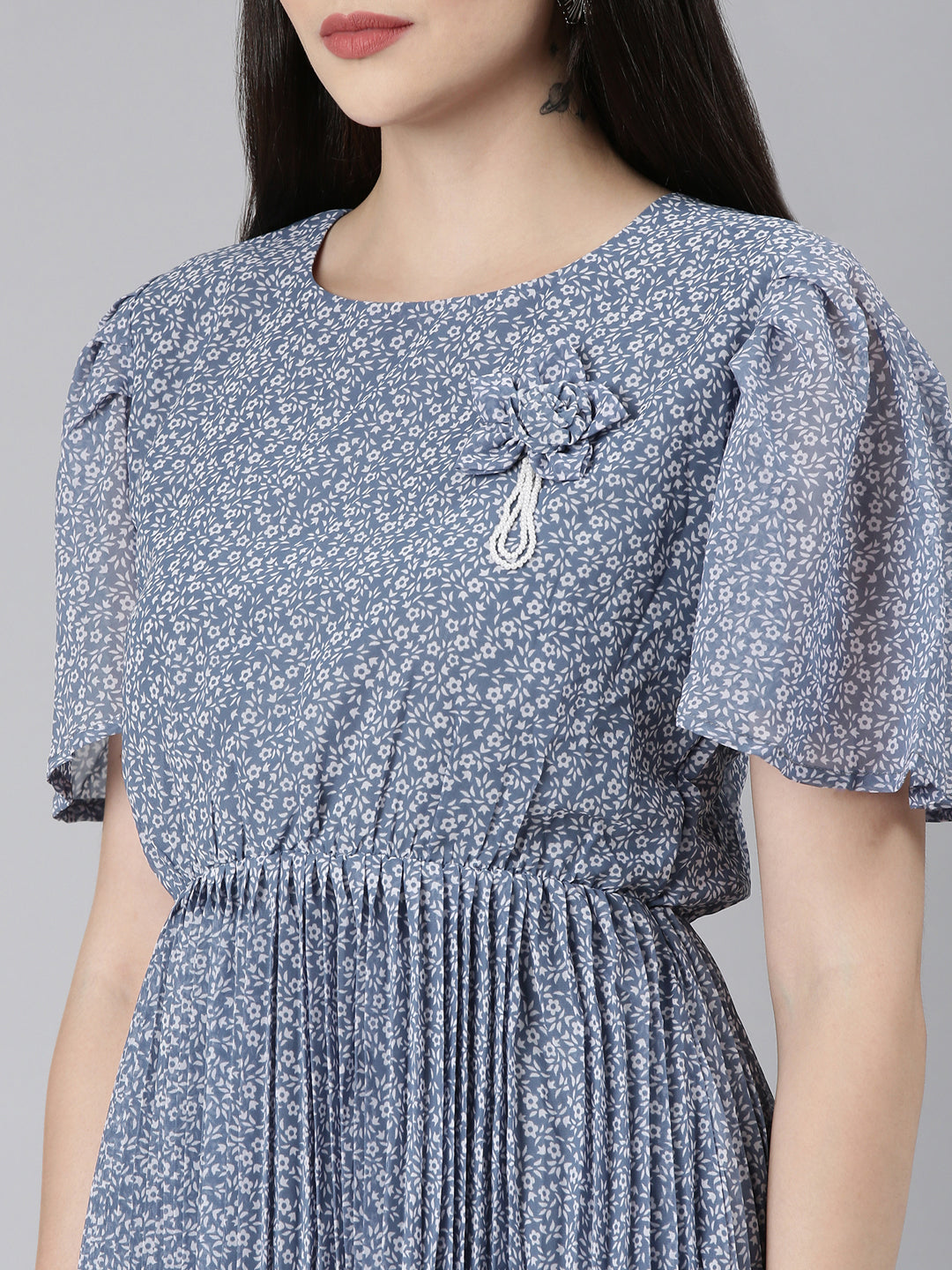 Women Blue Floral Fit and Flare Dress