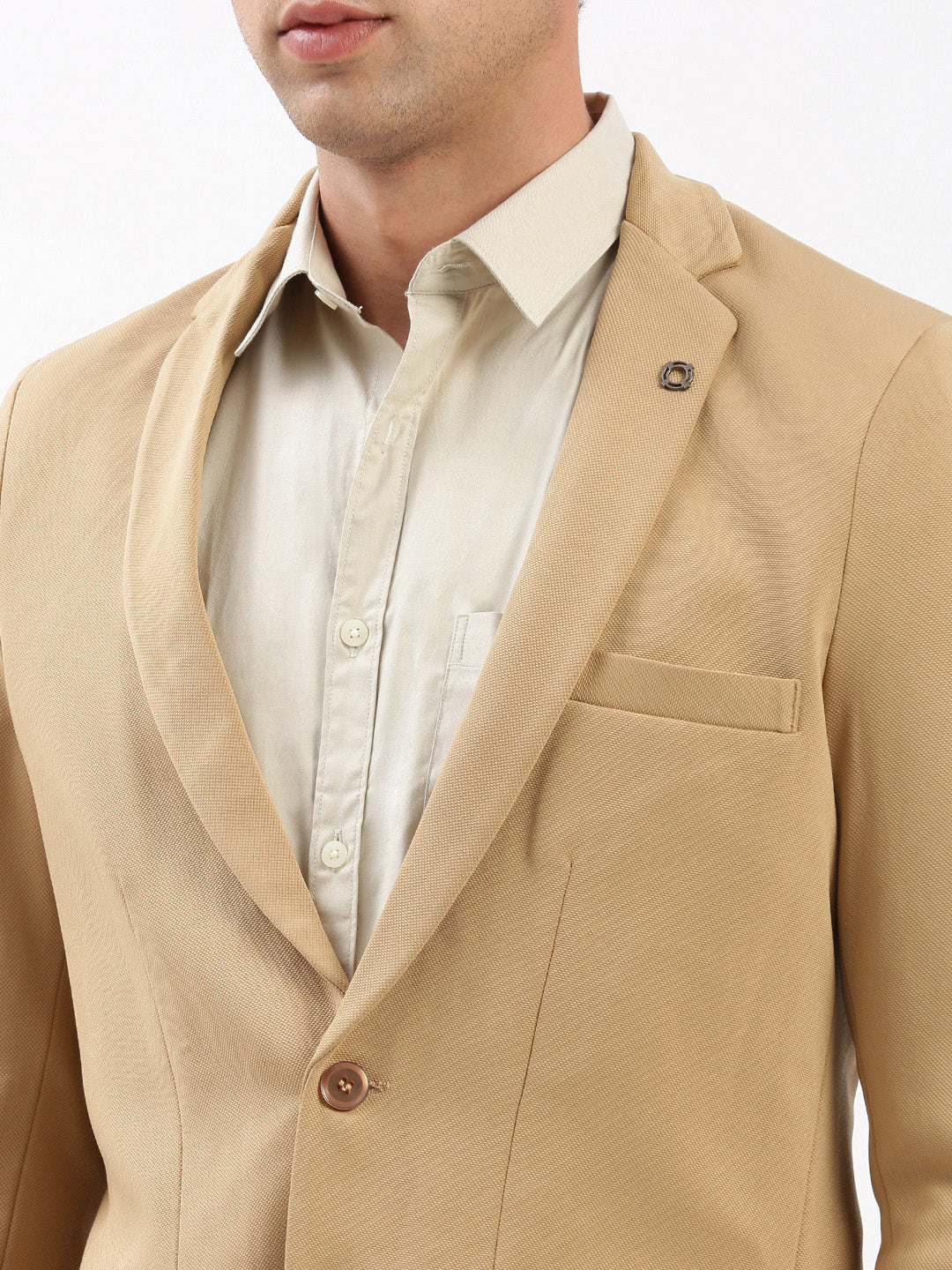 Men Notched Lapel Solid Beige Blazer