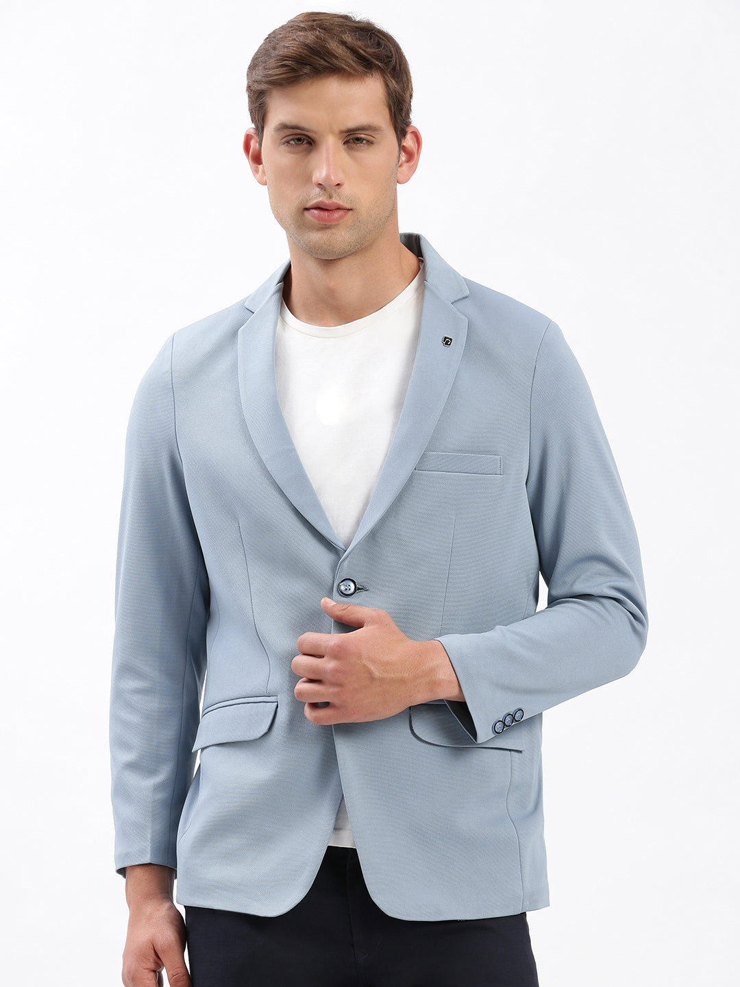 Men Notched Lapel Solid Blue Blazer