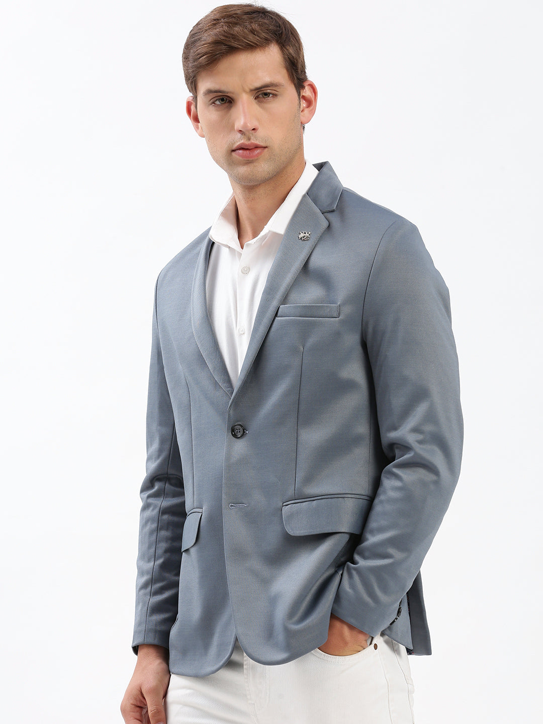 Men Notched Lapel Solid Grey Blazer