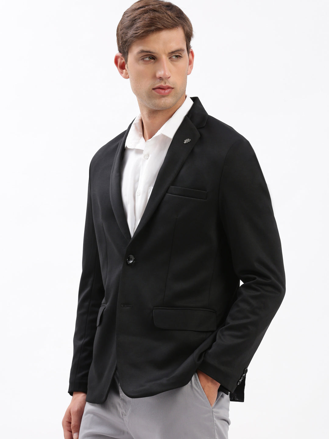 Men Notched Lapel Solid Black Blazer