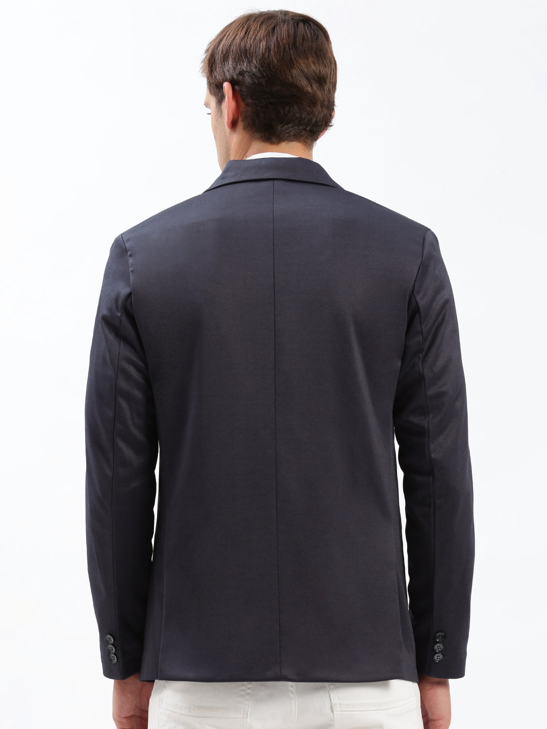 Men Notched Lapel Solid Navy Blue Blazer