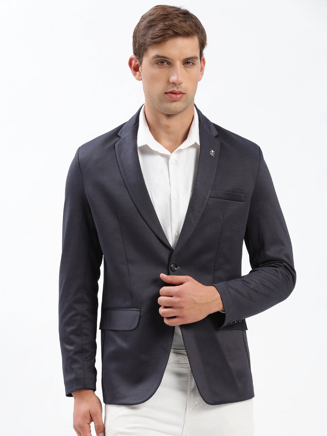 Men Notched Lapel Solid Navy Blue Blazer