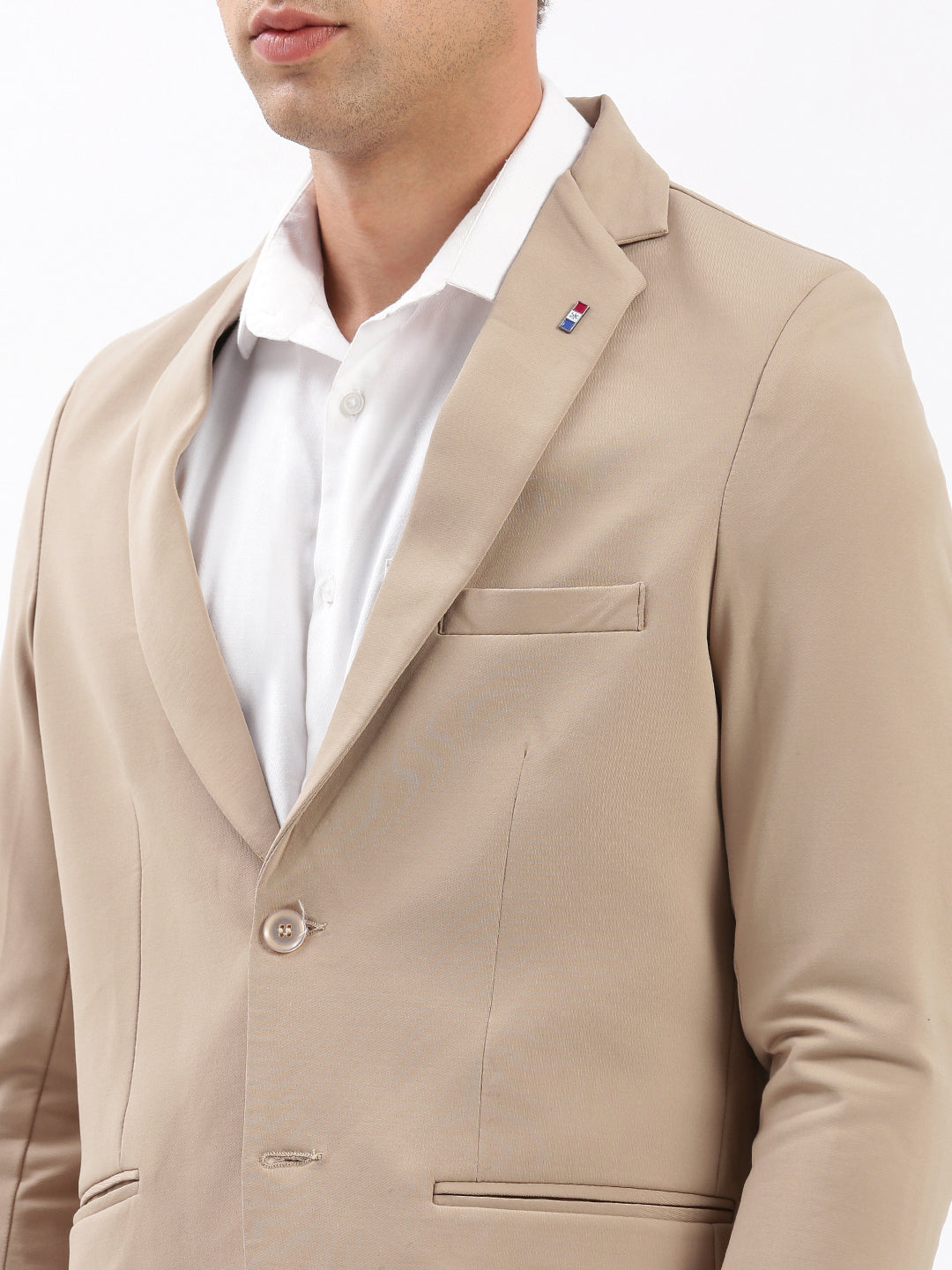 Men Notched Lapel Solid Beige Blazer