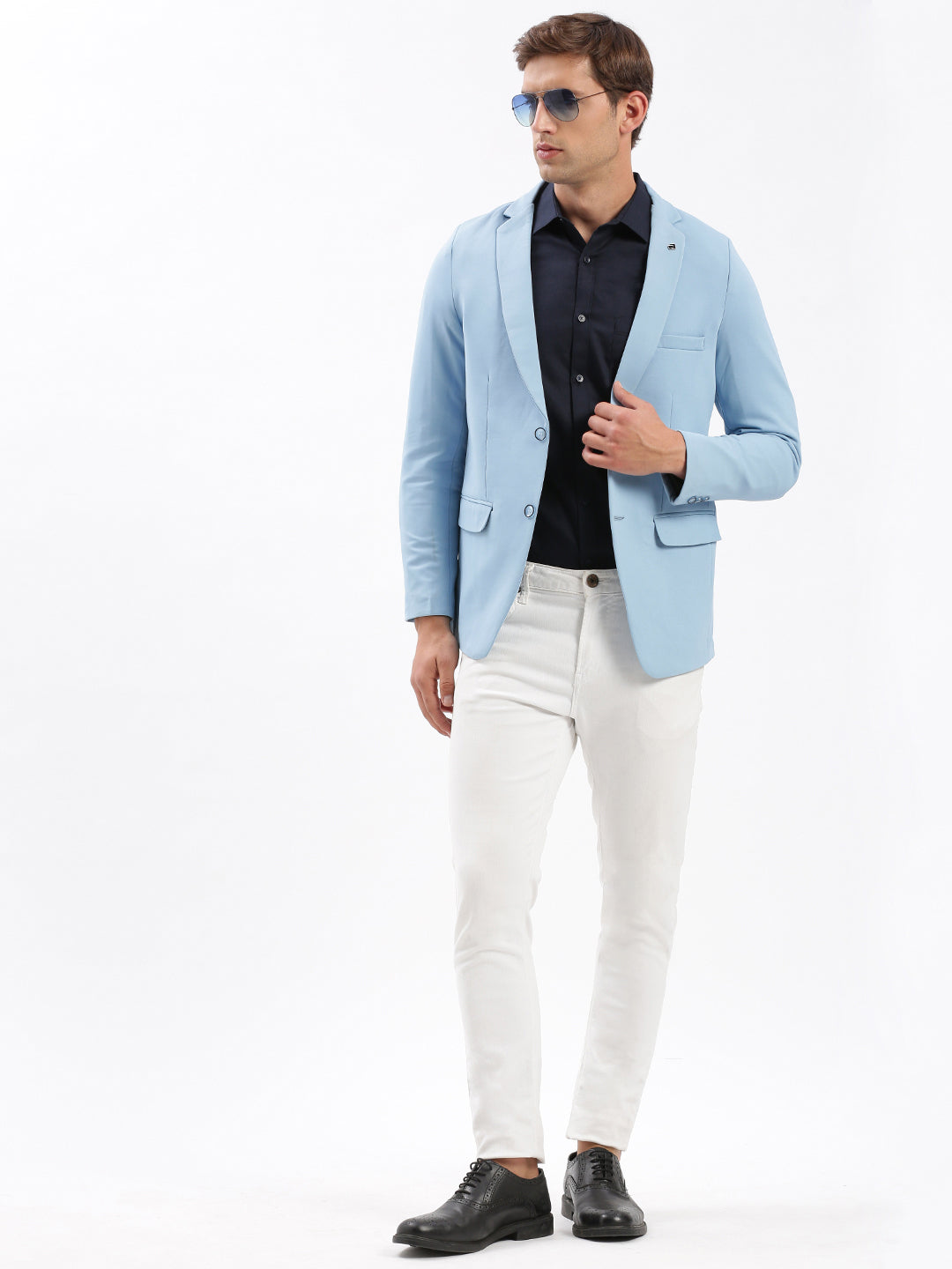 Men Notched Lapel Solid Blue Blazer