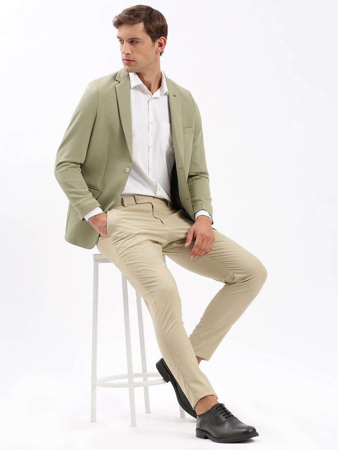 Men Notched Lapel Solid Khaki Blazer