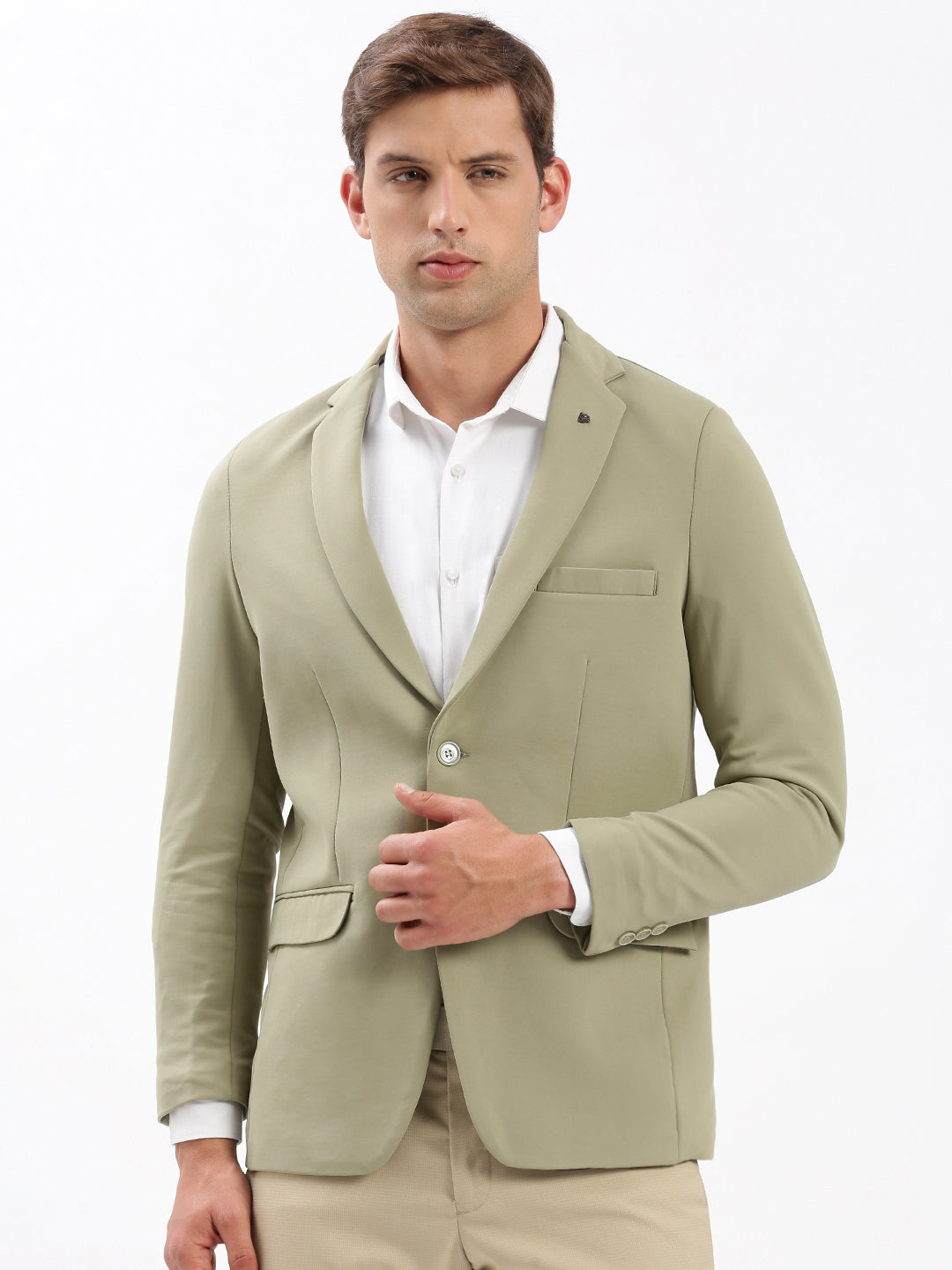 Men Notched Lapel Solid Khaki Blazer