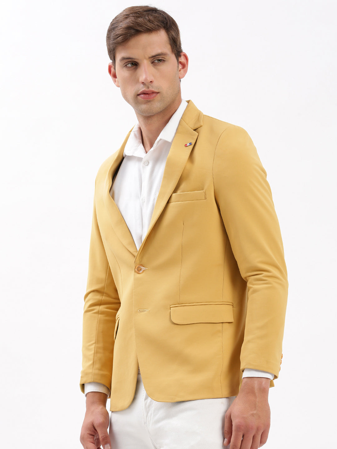 Men Notched Lapel Solid Yellow Blazer