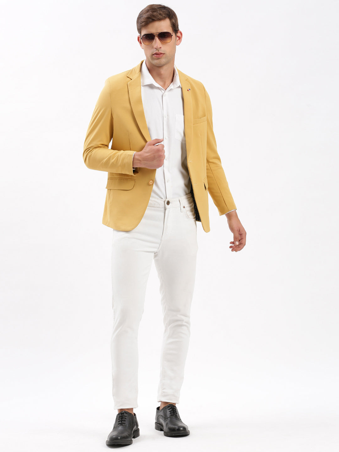 Men Notched Lapel Solid Yellow Blazer