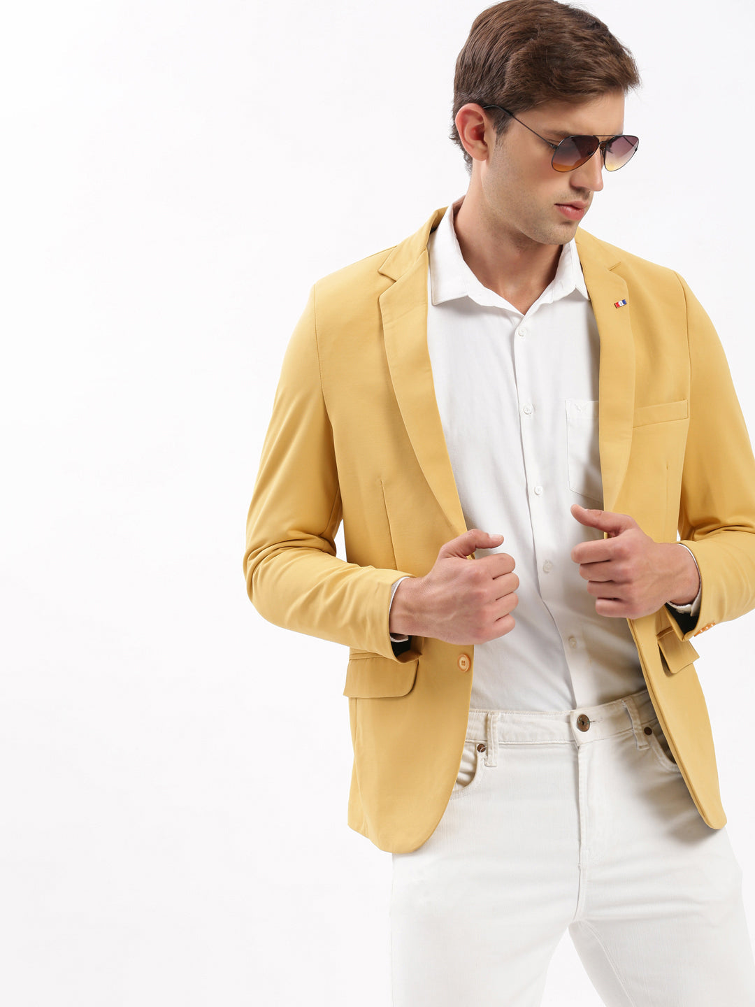 Men Notched Lapel Solid Yellow Blazer