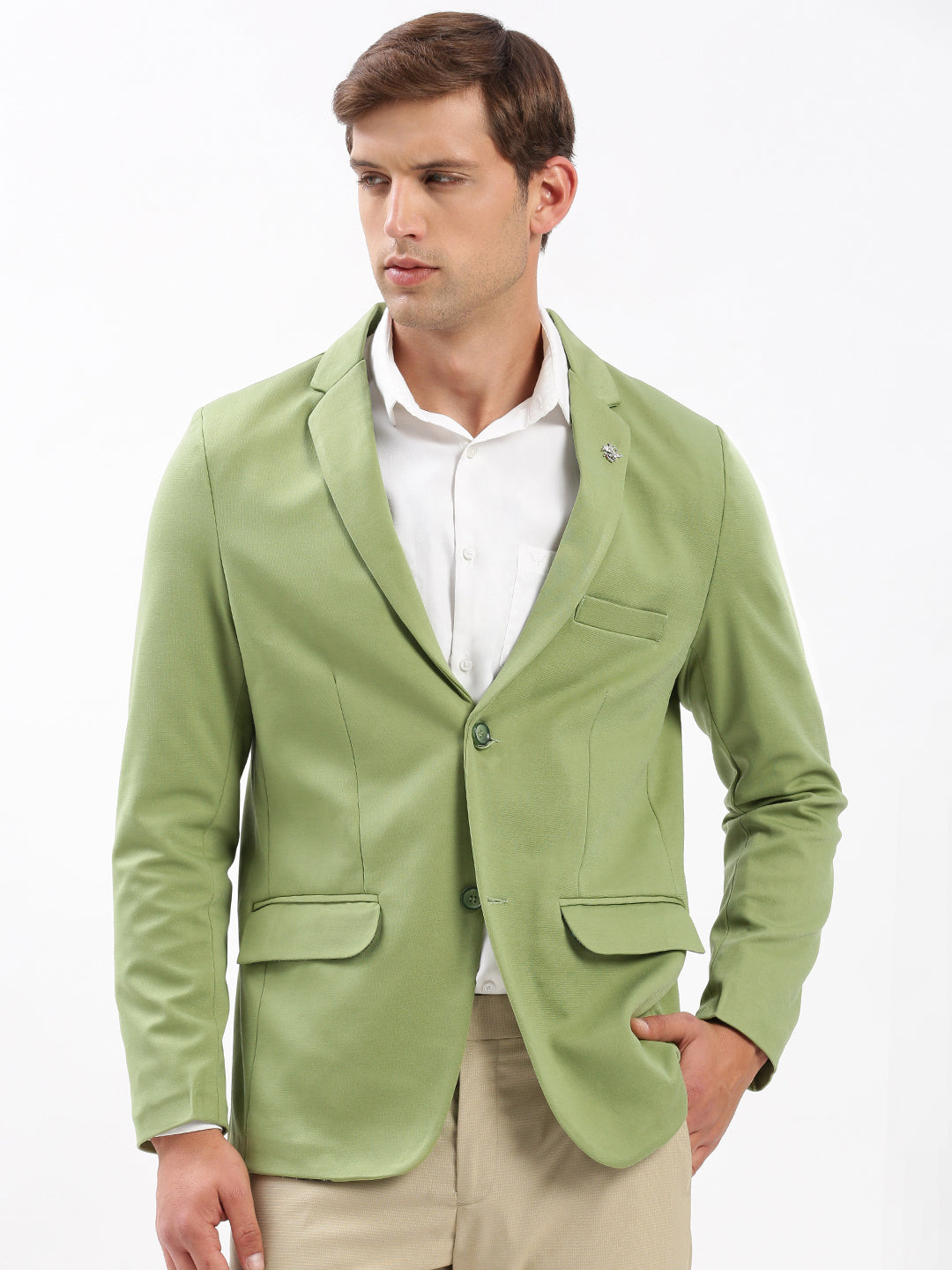 Men Notched Lapel Solid Green Blazer
