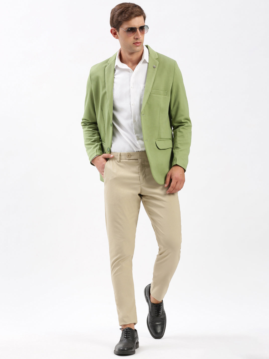 Men Notched Lapel Solid Green Blazer