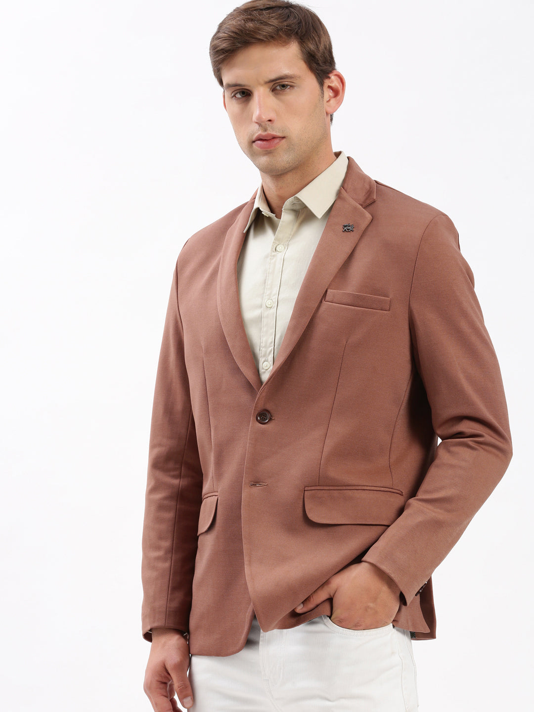 Men Notched Lapel Solid Brown Blazer