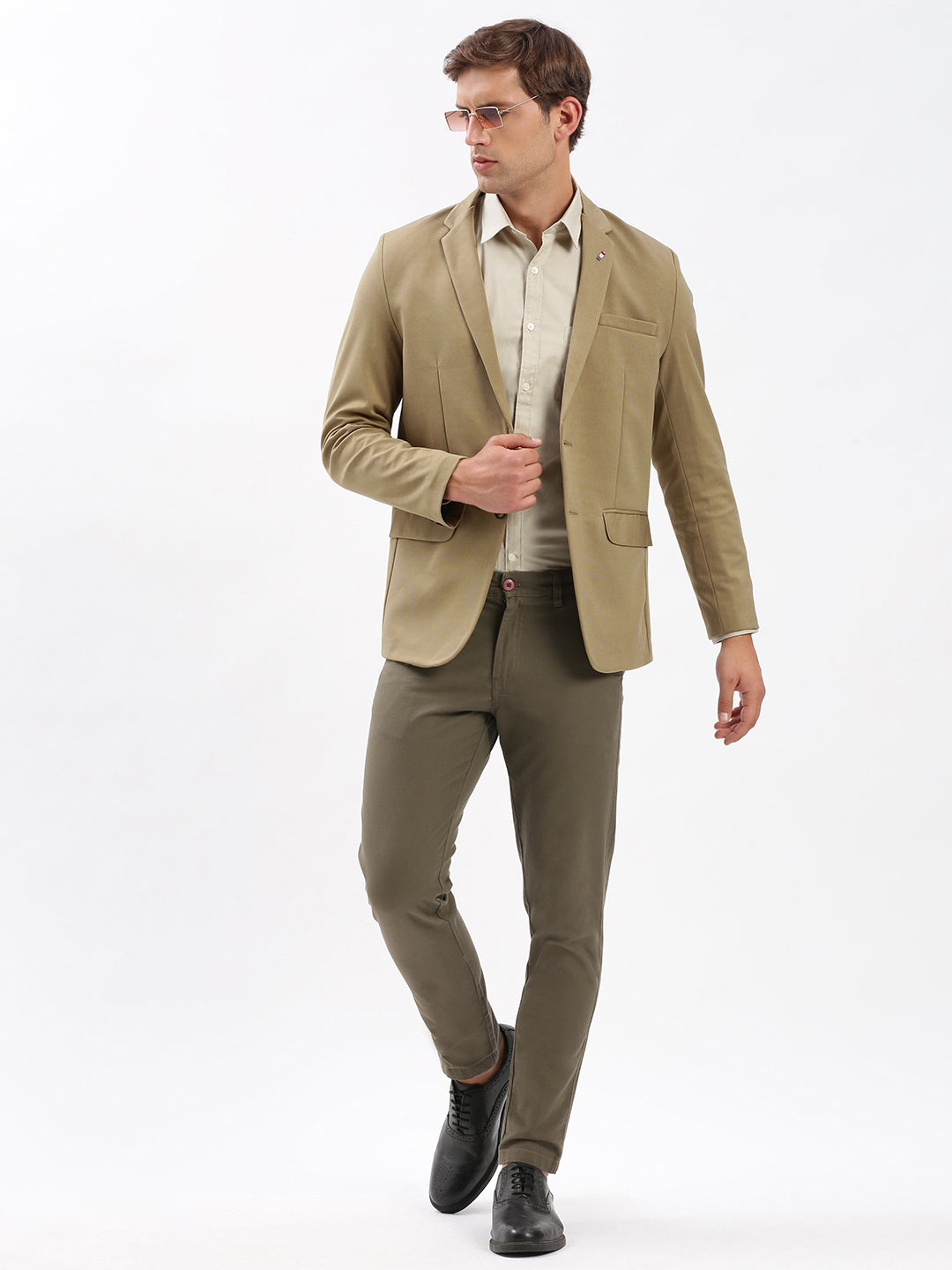 Men Notched Lapel Solid Khaki Blazer