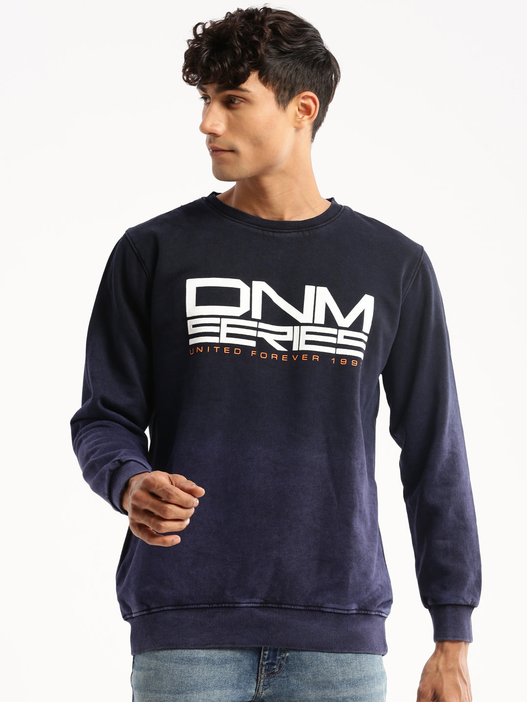 Men Navy Blue Round Neck Typography Pullover