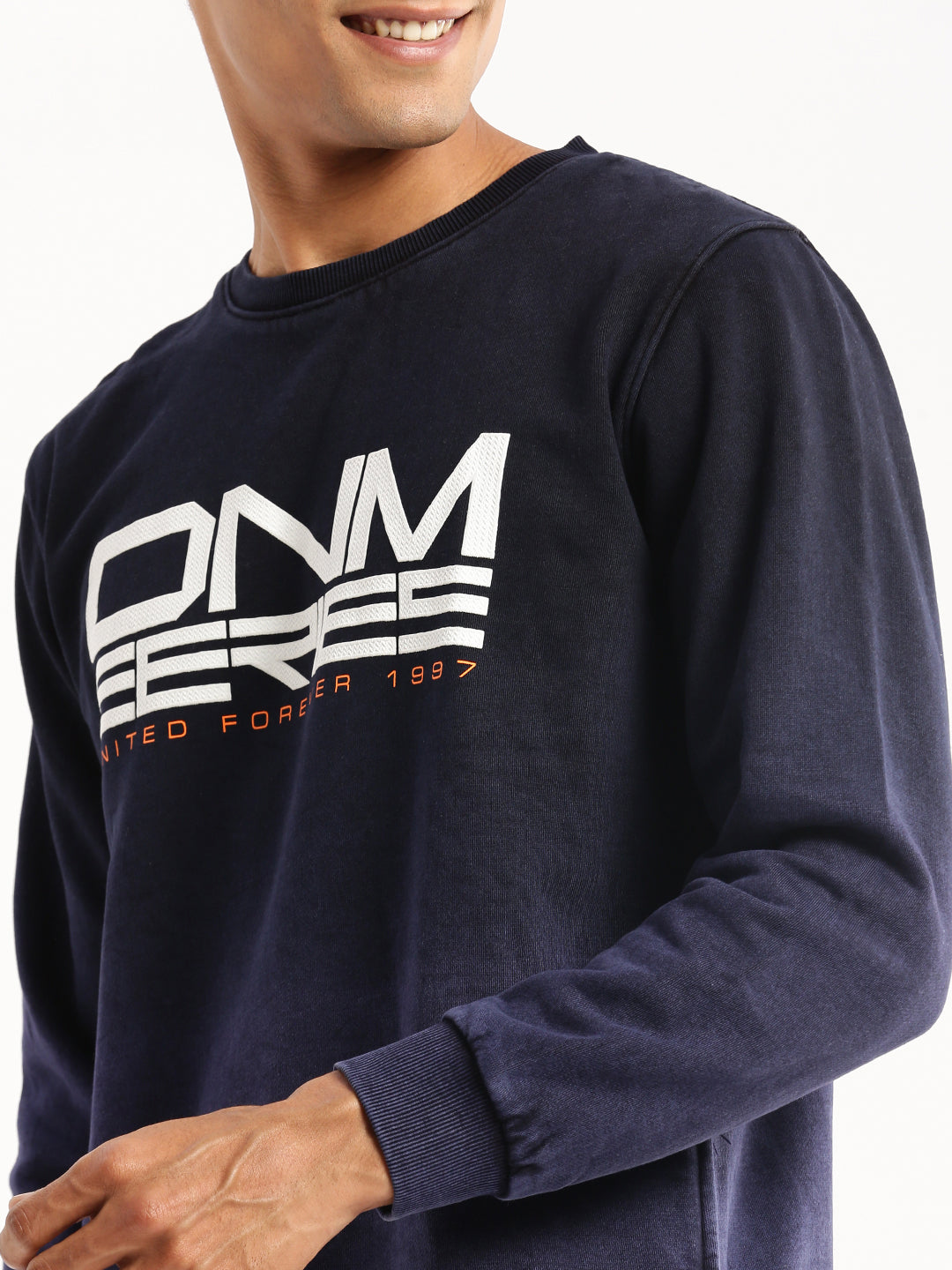 Men Navy Blue Round Neck Typography Pullover