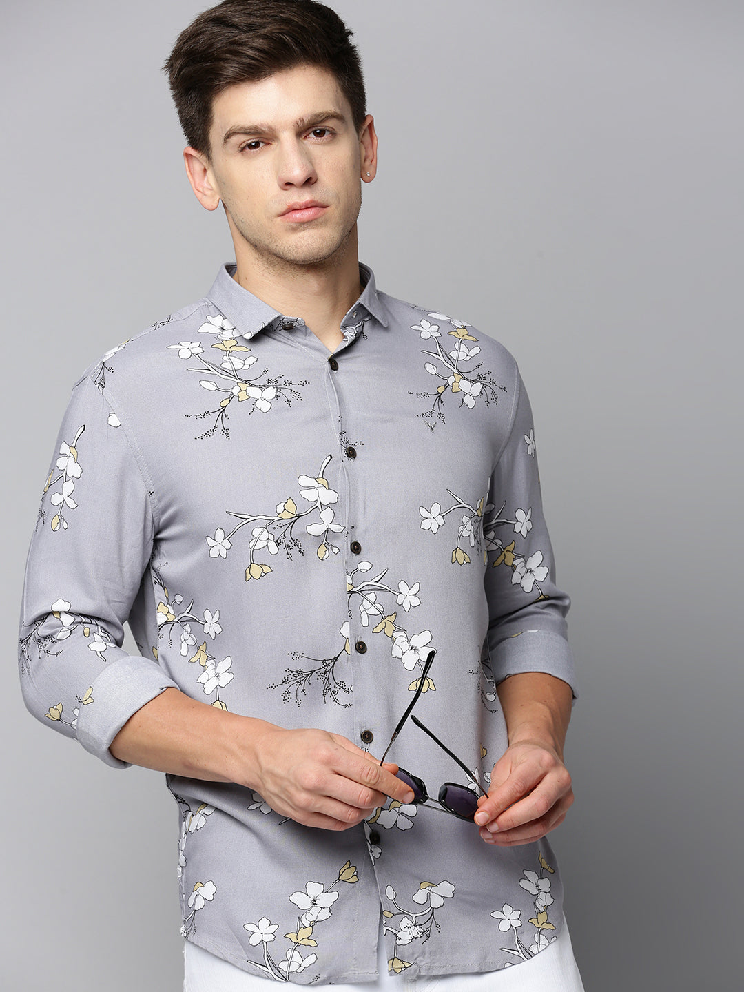 Men Grey Printed Casual Shirt