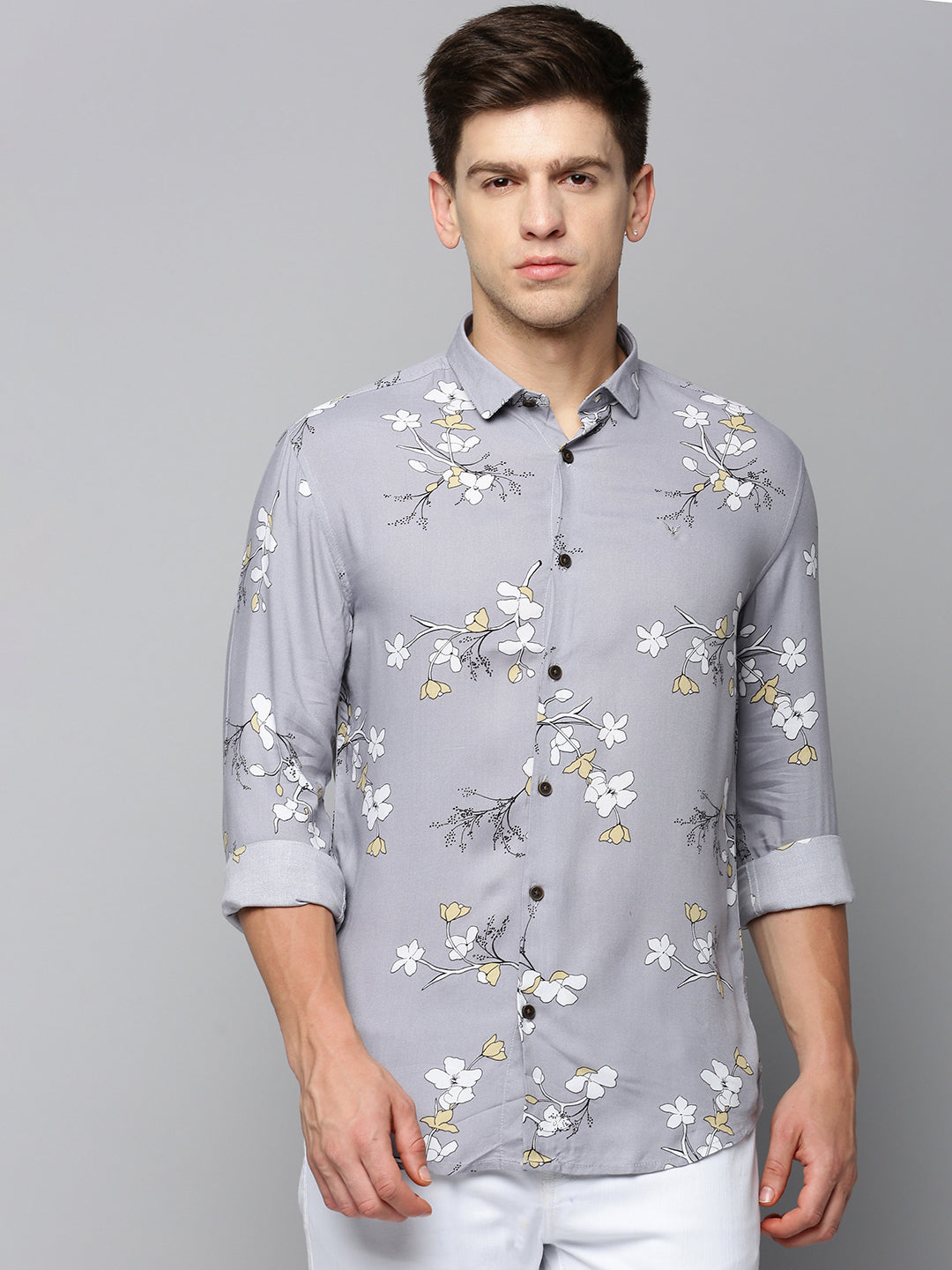 Men Grey Printed Casual Shirt