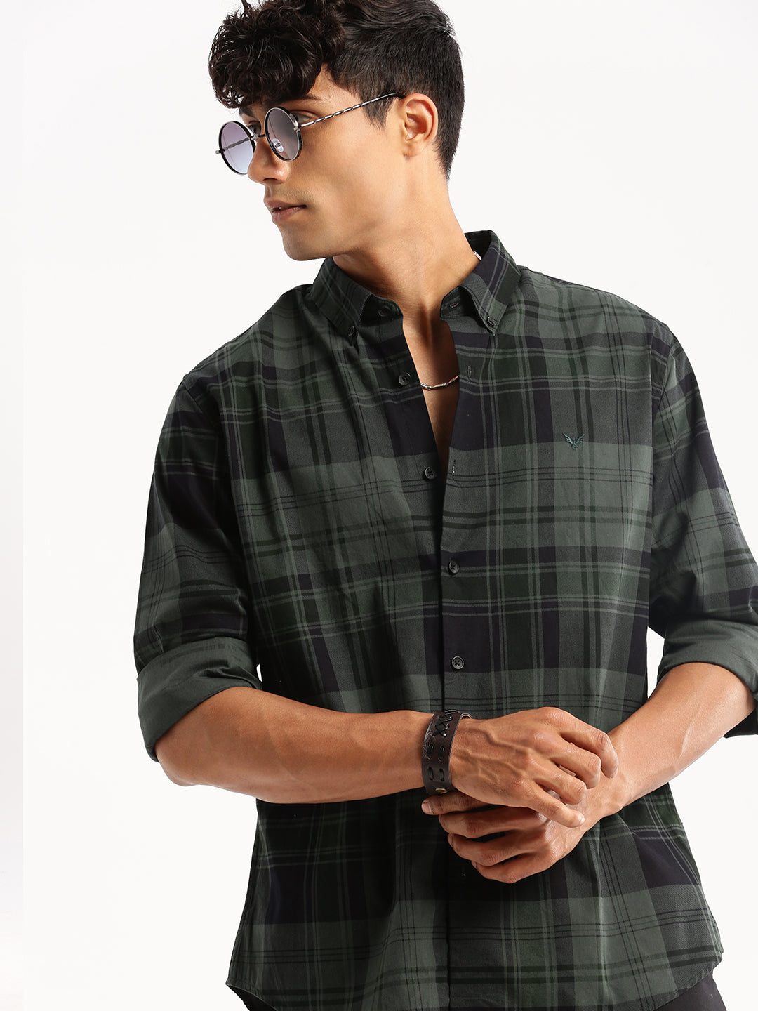 Men Green Spread Collar Tartan Checks Shirt
