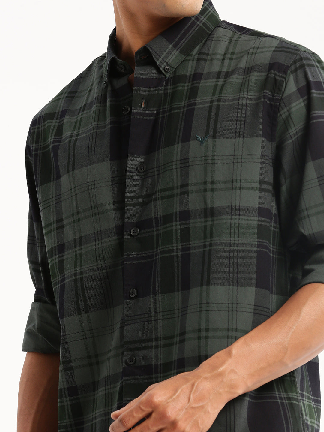 Men Green Spread Collar Tartan Checks Shirt