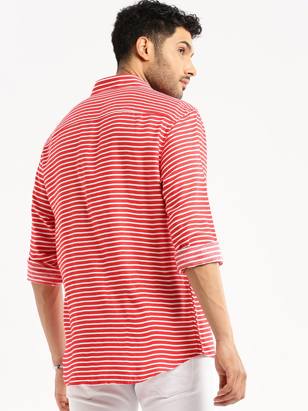 Men Red Spread Collar Horizontal Stripes Shirt