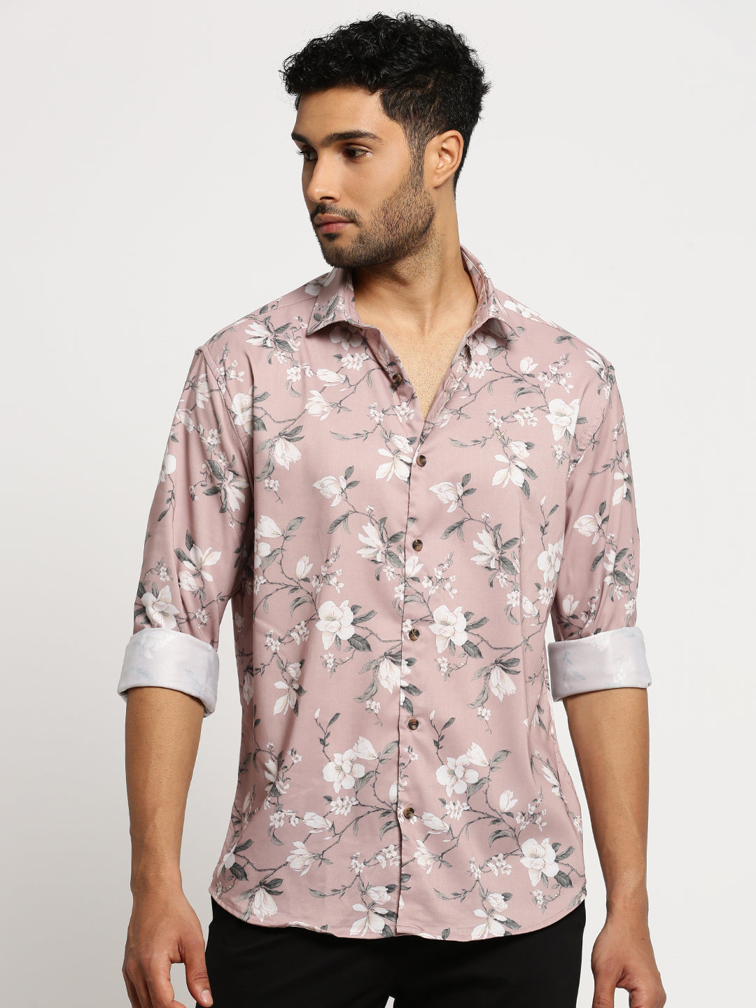 Men Peach Spread Collar Floral Shirt