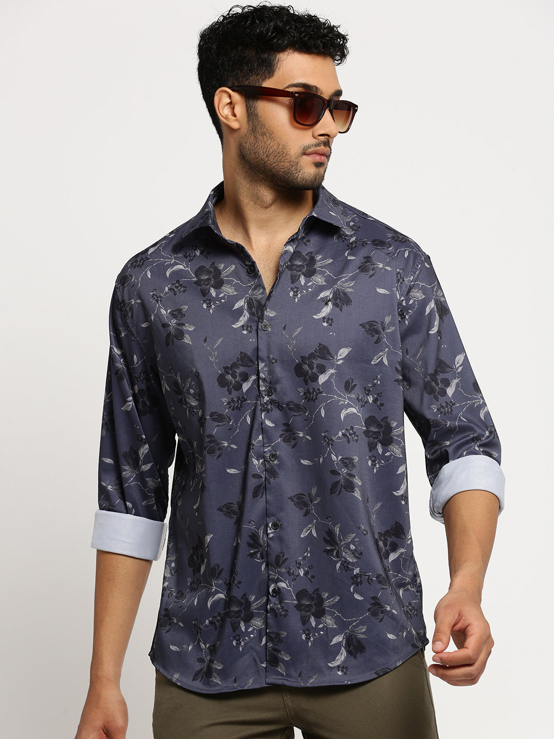 Men Grey Spread Collar Floral Shirt