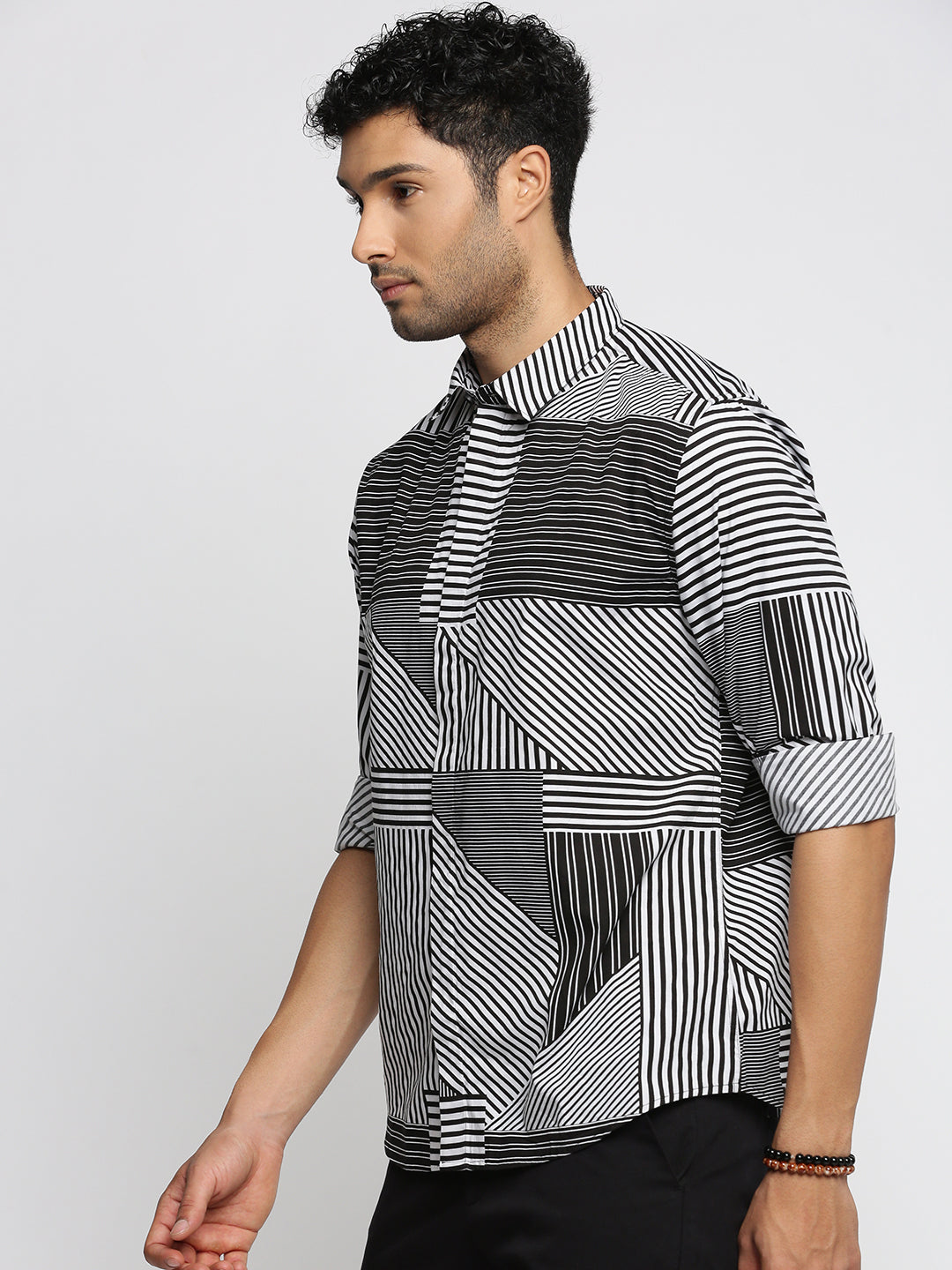 Men Black Spread Collar Multi Stripes Shirt