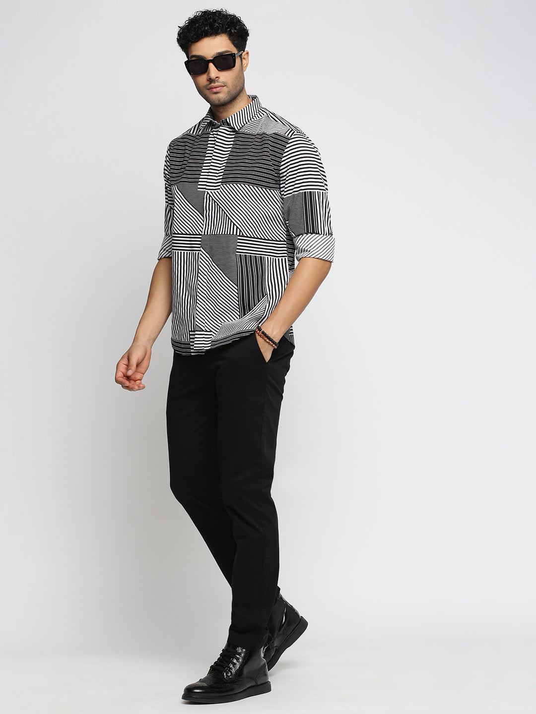Men Black Spread Collar Multi Stripes Shirt