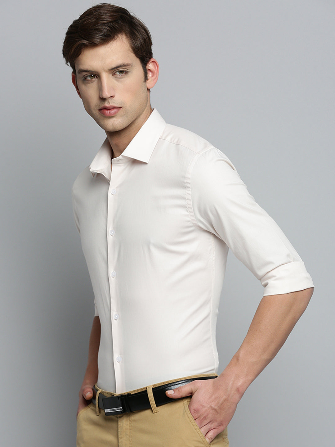 Men Cream Solid Formal Shirt