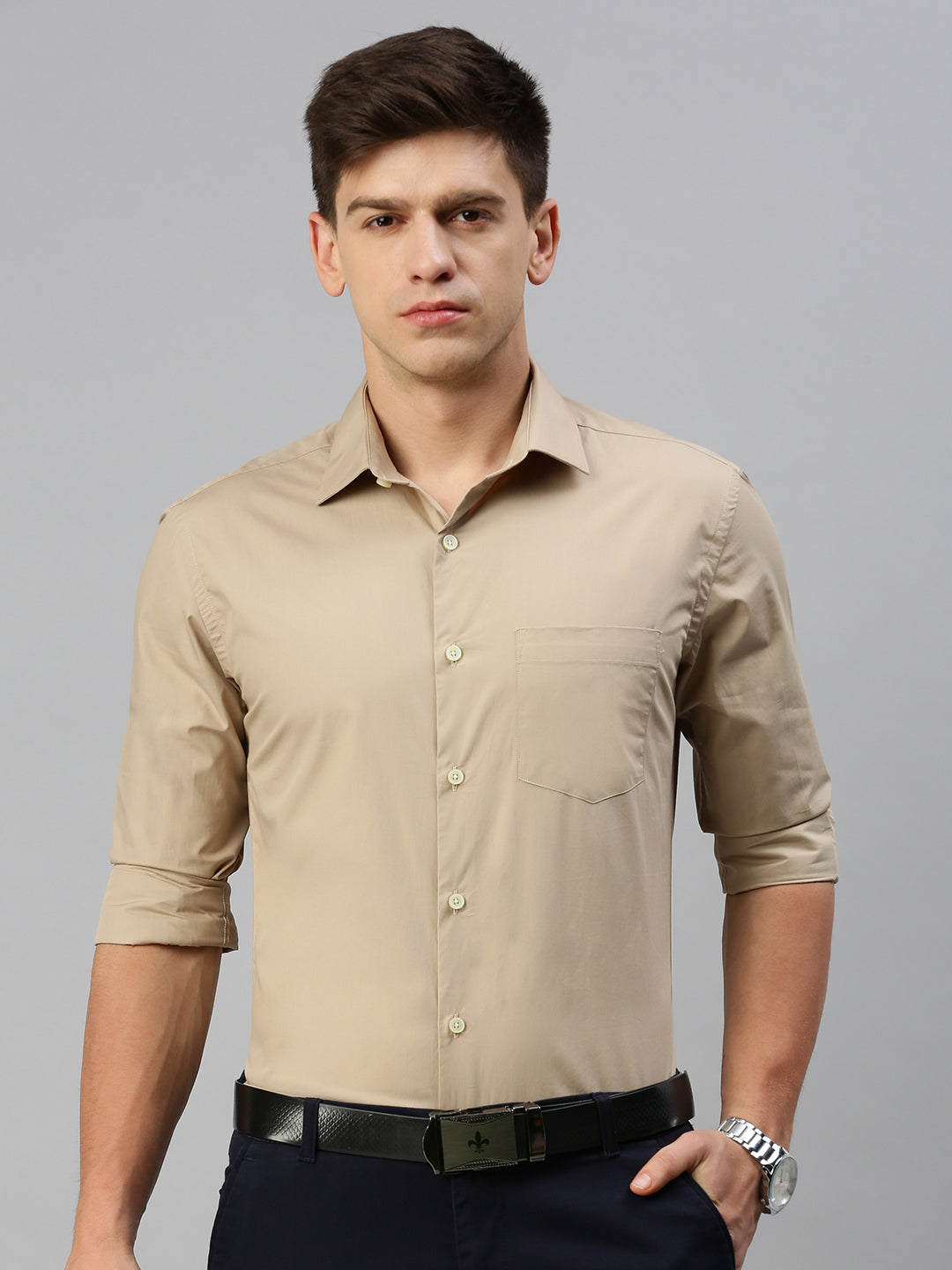 Men Khaki Solid Formal Shirt
