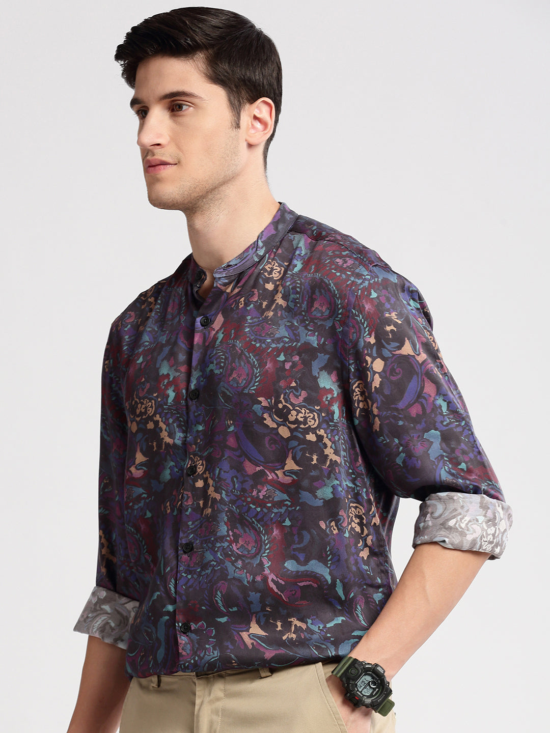 Men Mandarin Collar  Abstract Navy Blue Casual Shirt