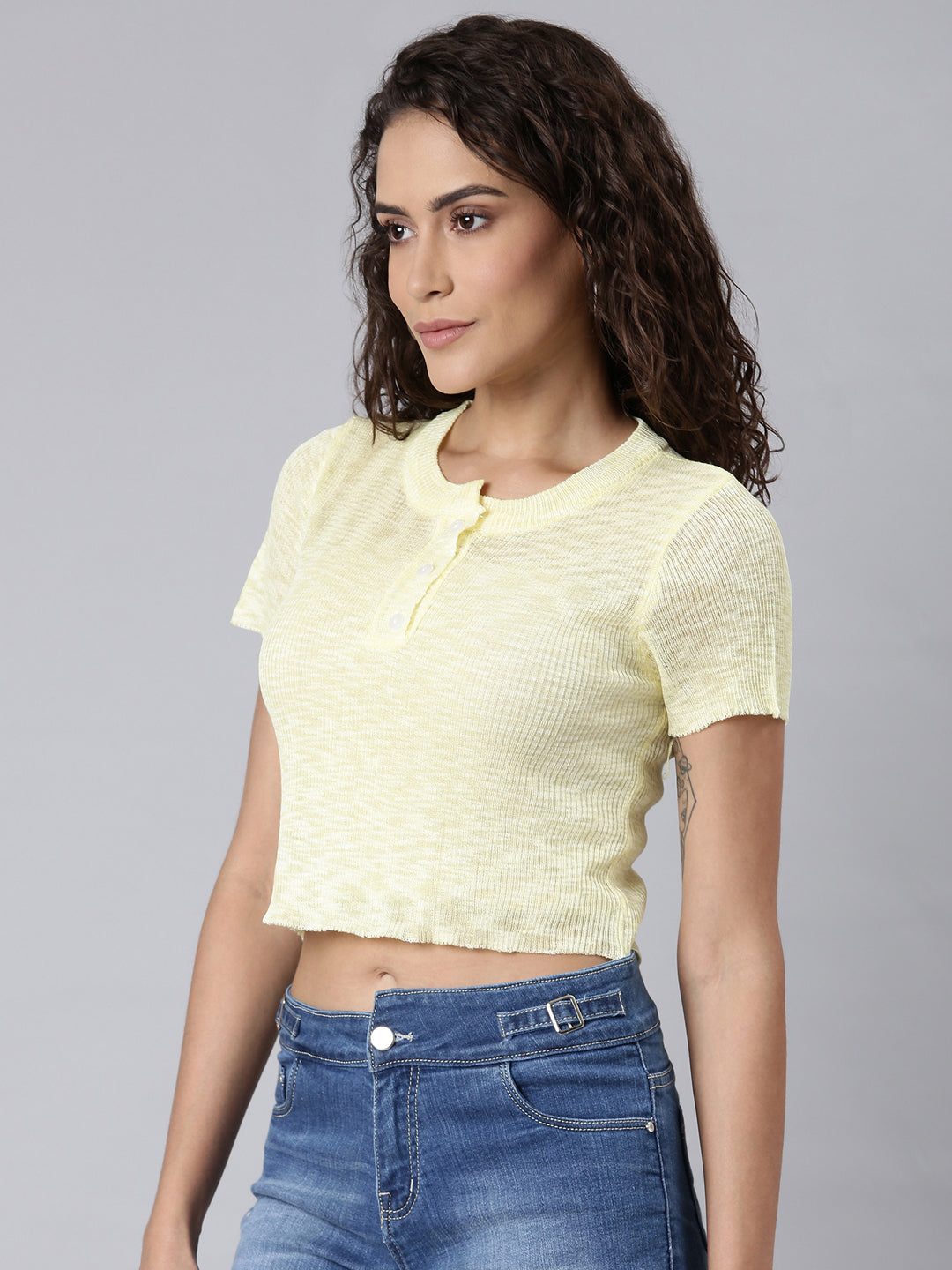 Women Yellow Solid FittedCrop Top