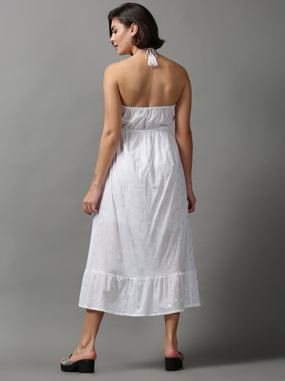 Women's White Solid Fit and Flare Dress