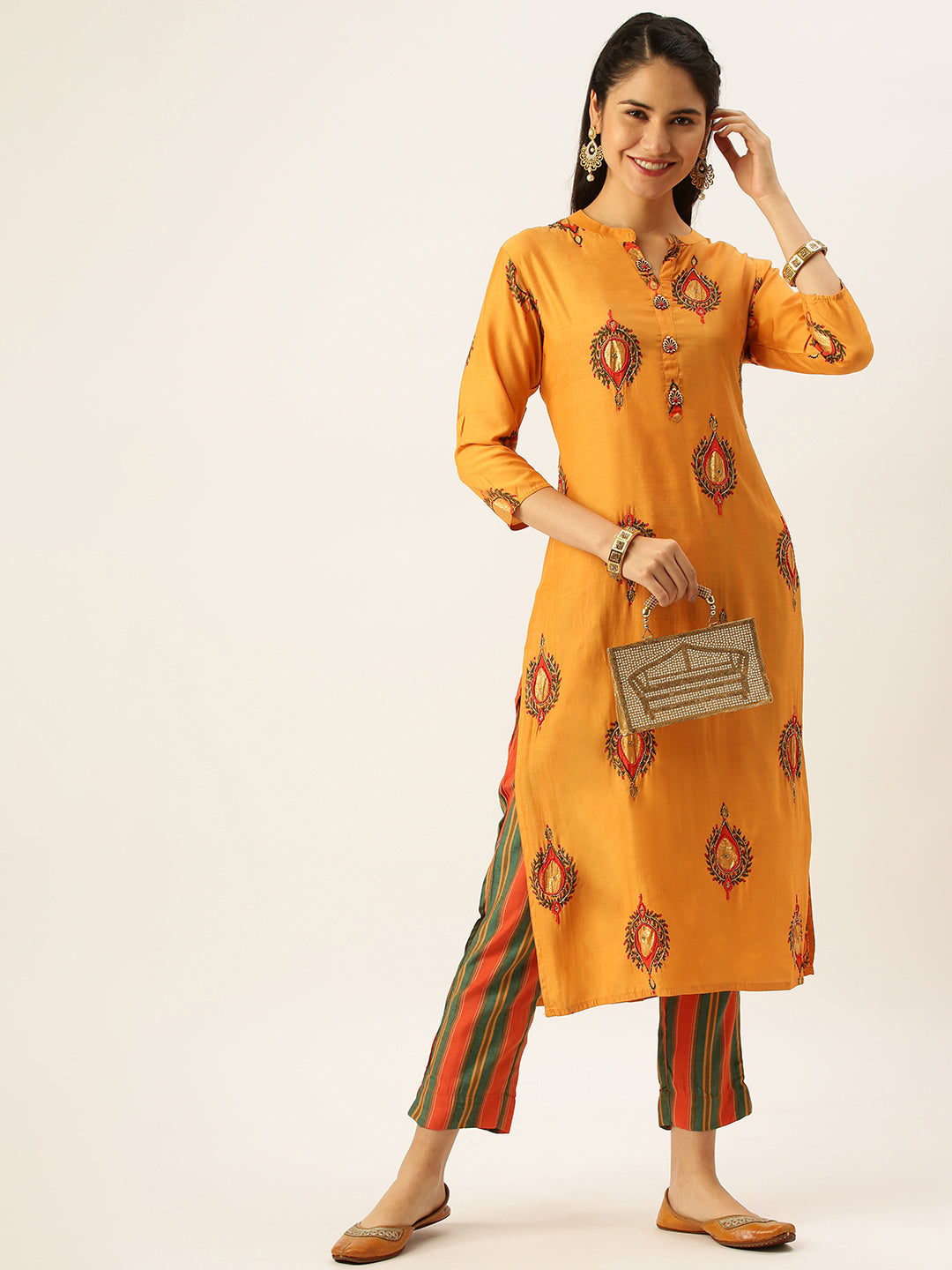 Women's Orange Printed Kurta Sets