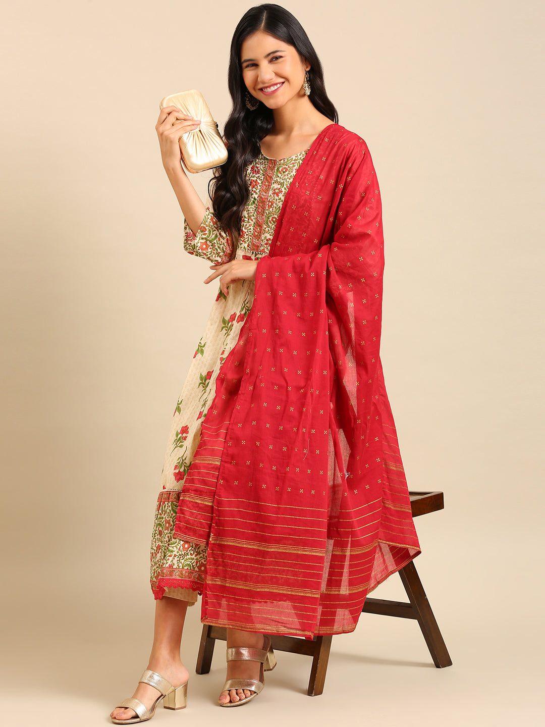 Women's Cream Printed Kurta Set