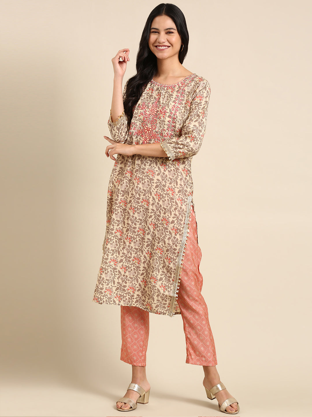 Women's Beige Printed Kurta Set