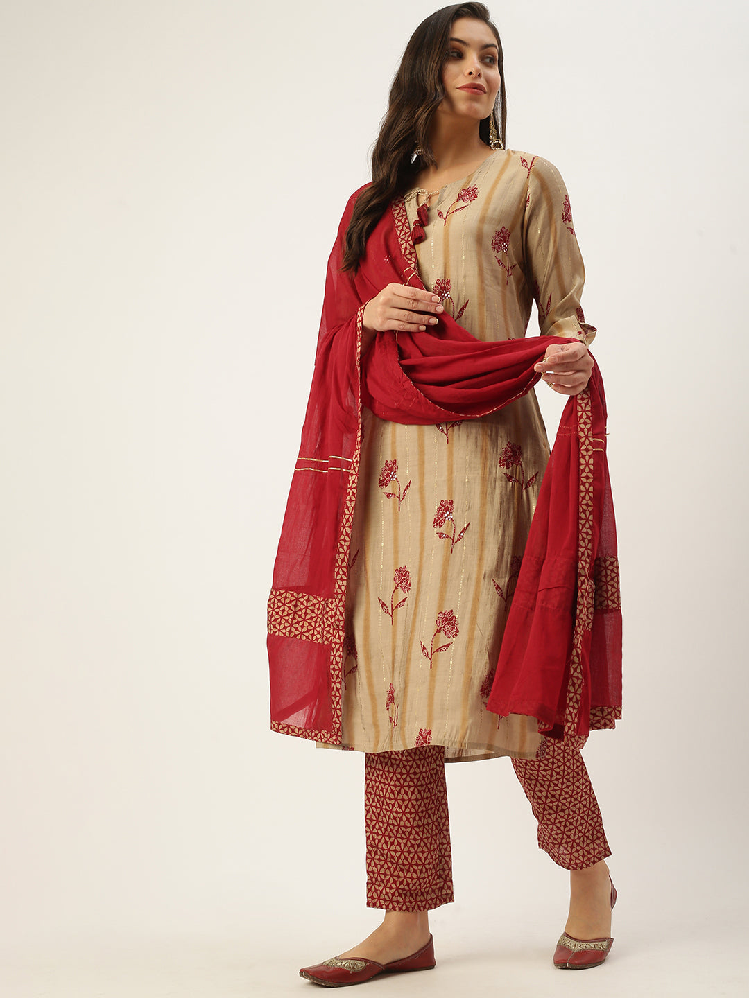 Women's Beige Printed Kurta Sets