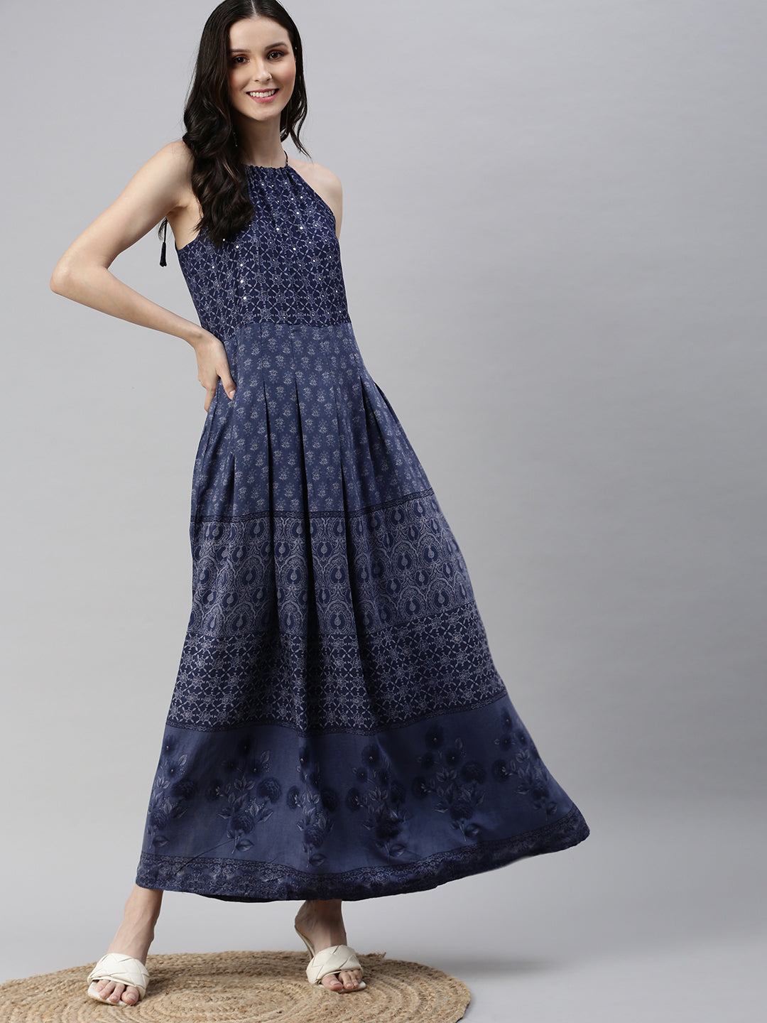 Women Blue Printed A-Line Dress