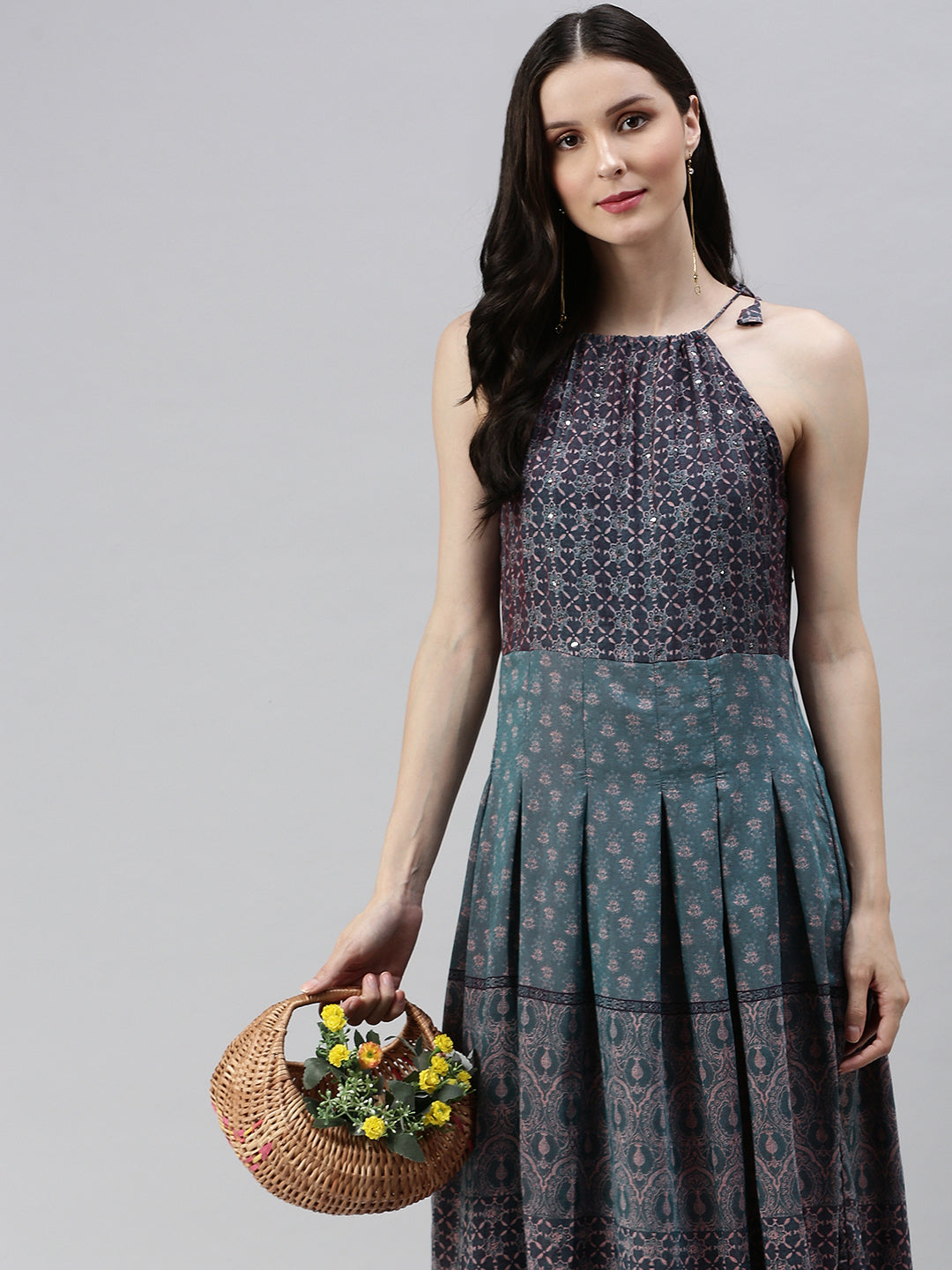 Women Turquoise Blue Printed A-Line Dress