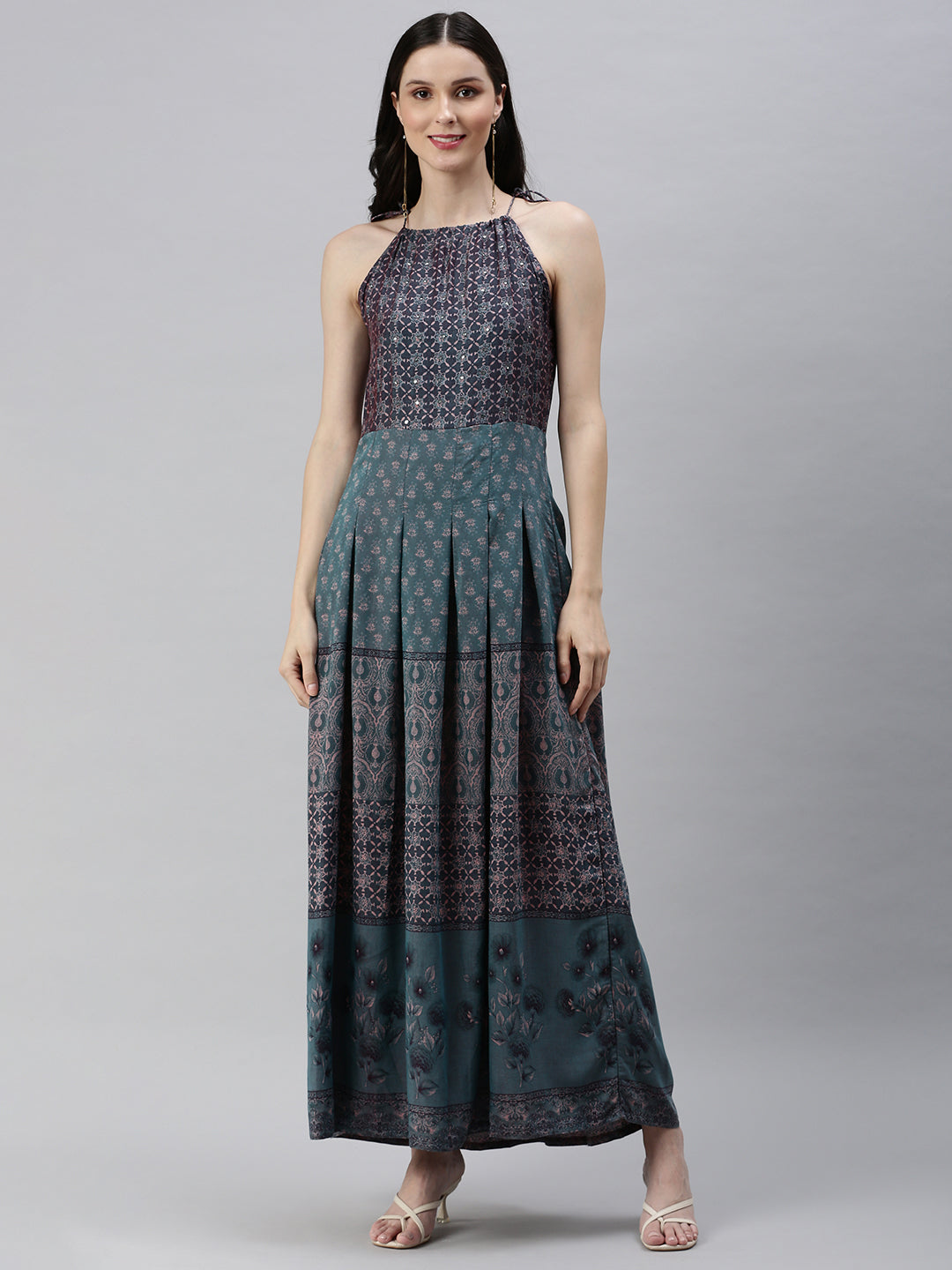 Women Turquoise Blue Printed A-Line Dress