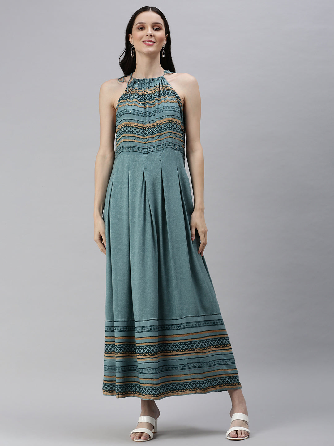 Women's Ethnic Motifs Blue Fit and Flare Dress