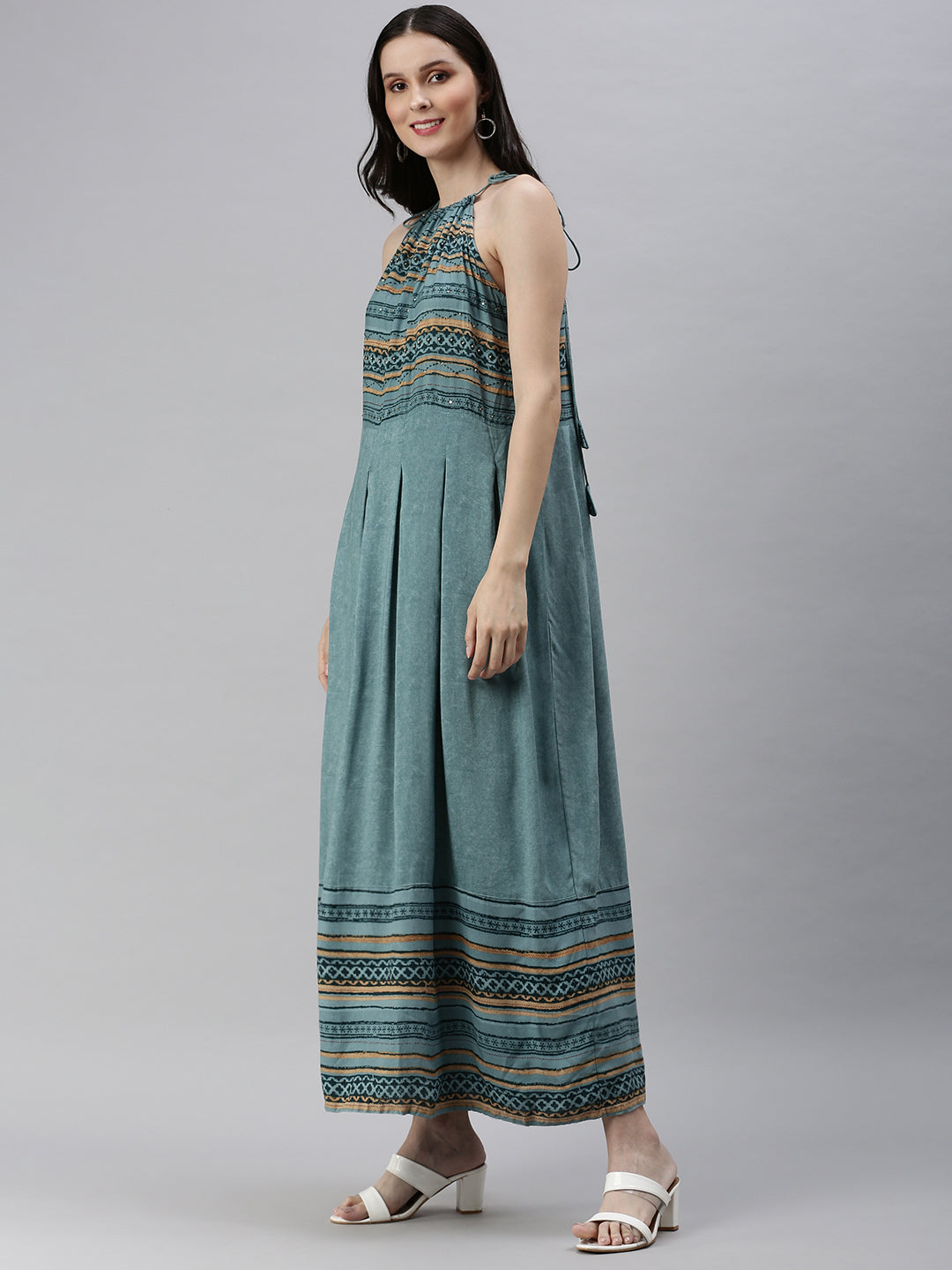 Women's Ethnic Motifs Blue Fit and Flare Dress