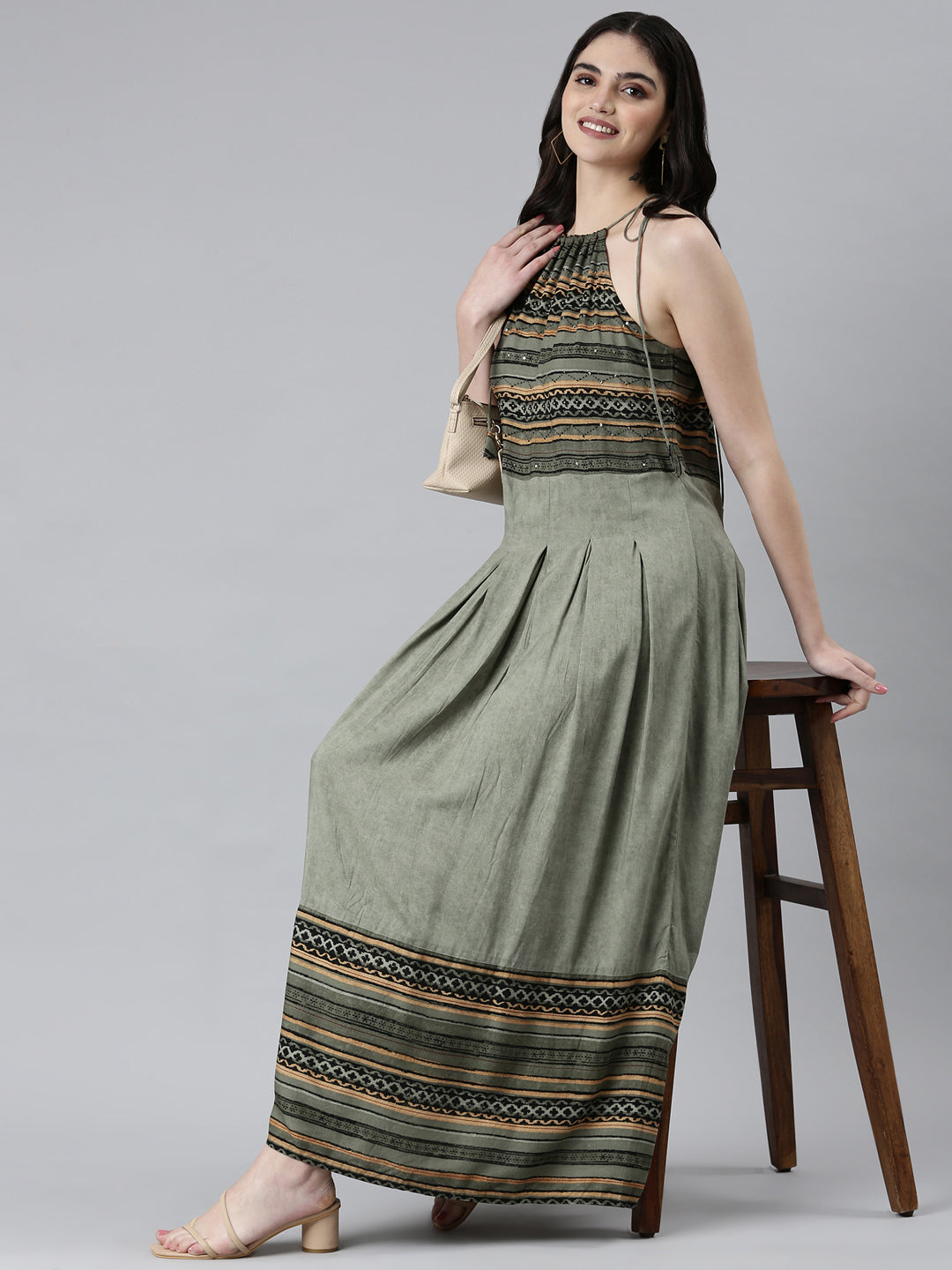 Women Green Geometrical Fit and Flare Dress