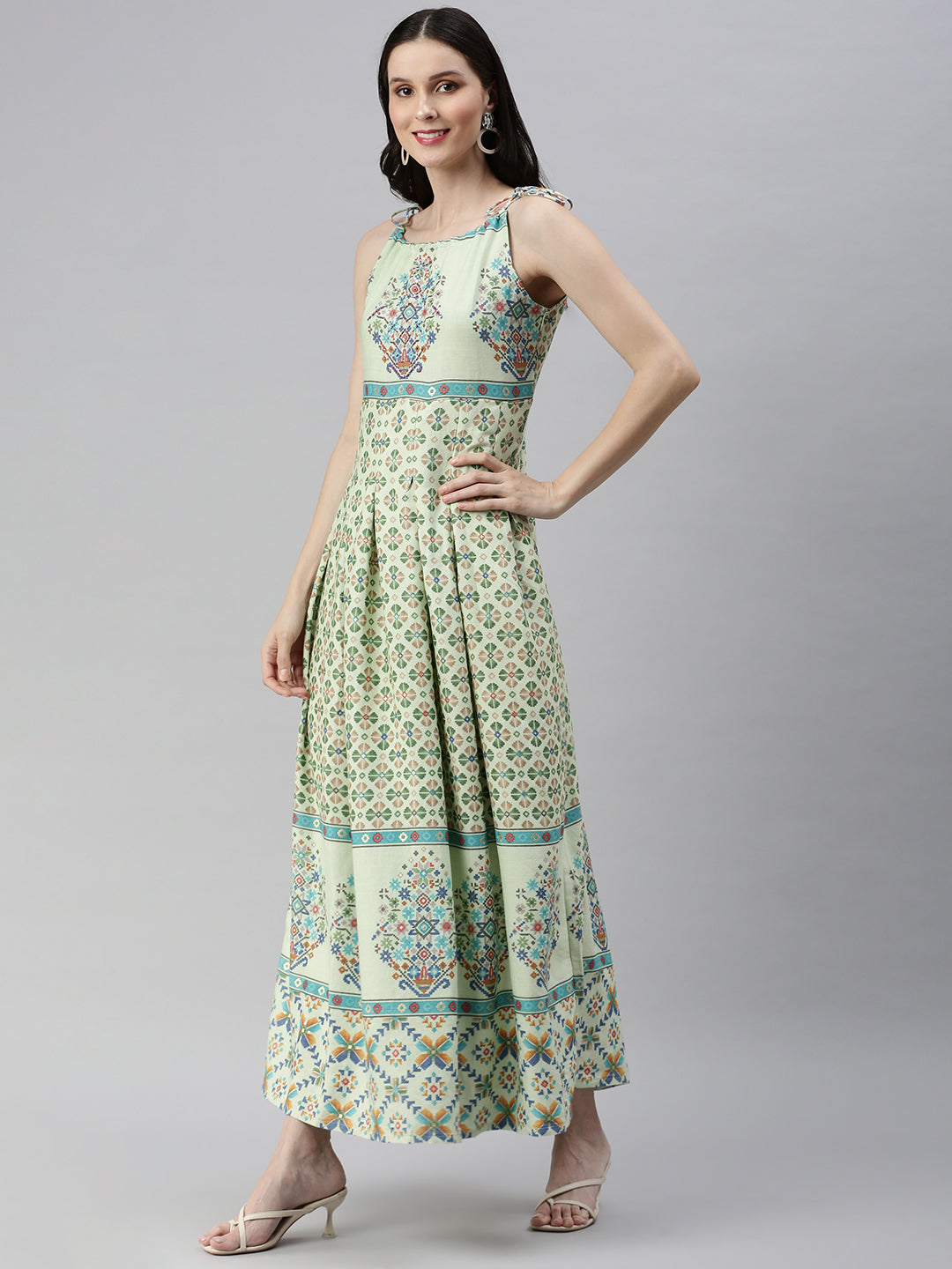 Women Green Printed Fit and Flare Dress