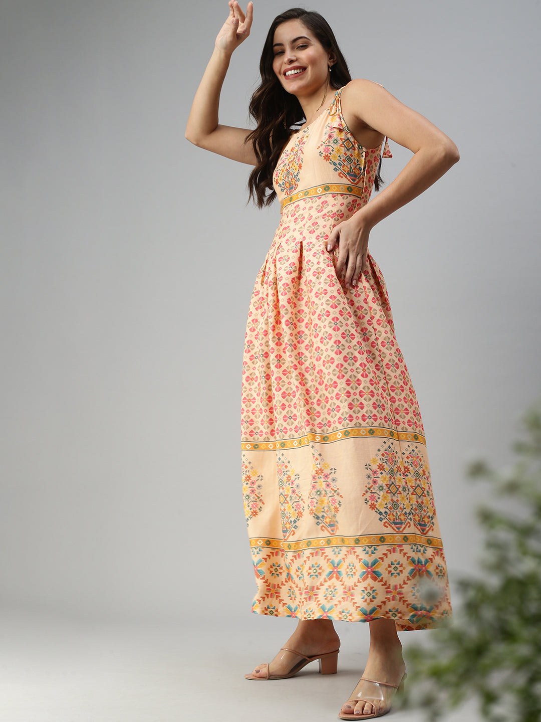 Women's Ethnic Motifs Peach Fit and Flare Dress