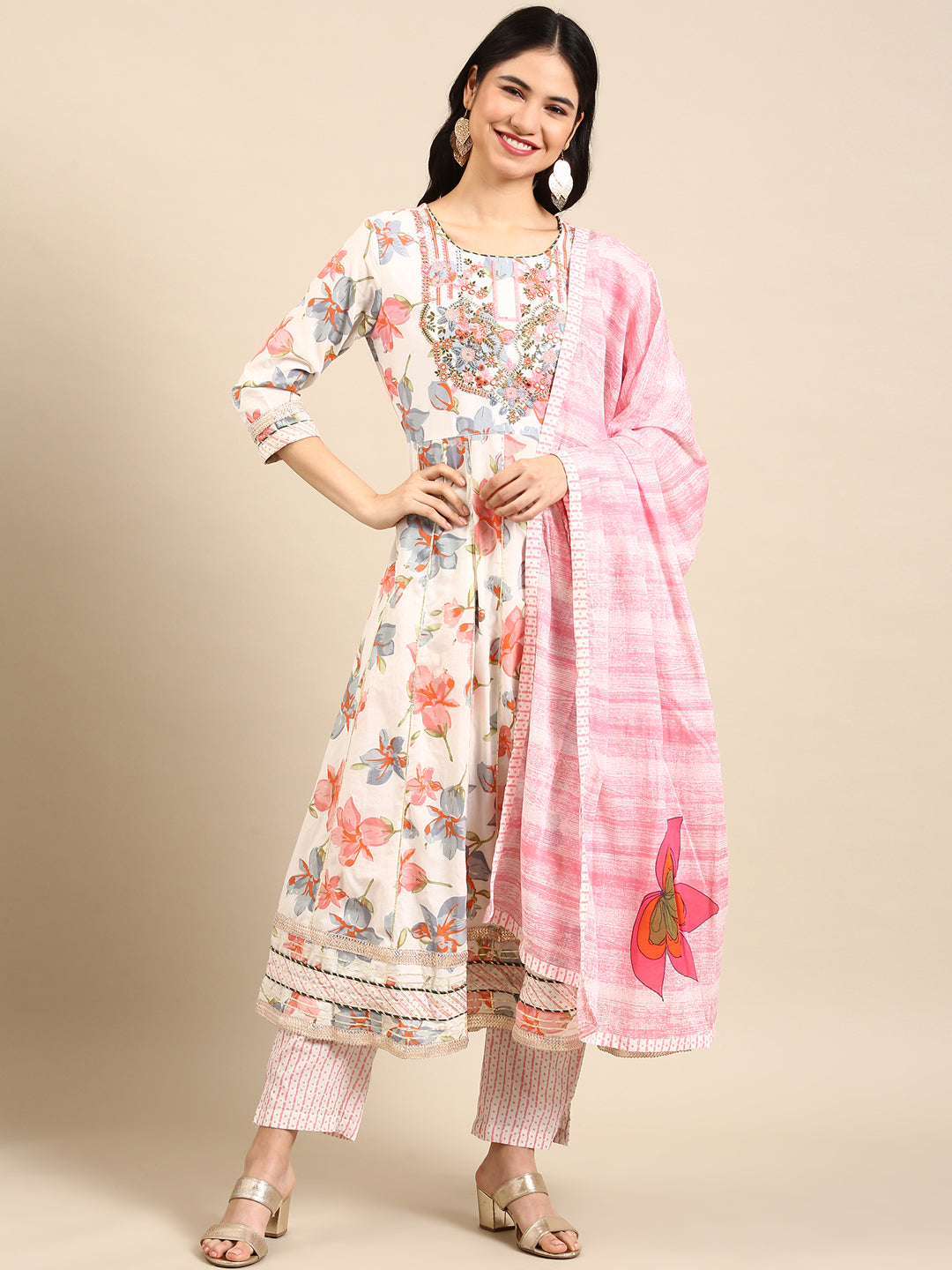 Women's White Floral Kurta Set