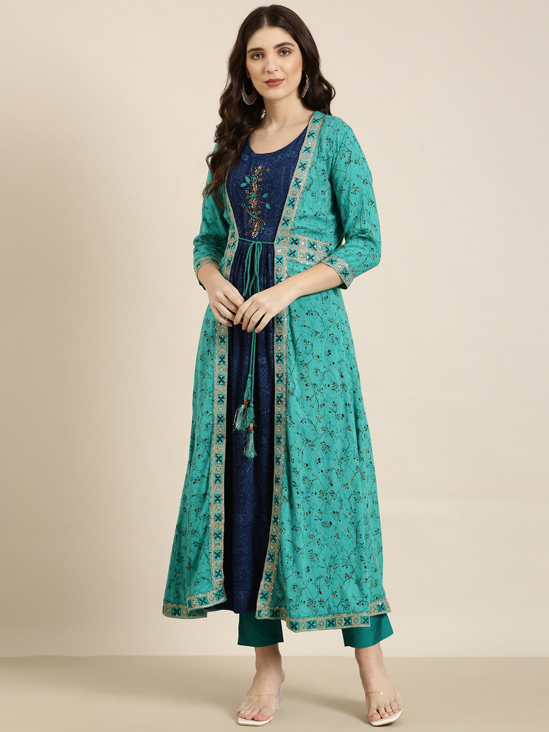 Women Navy Blue Floral Anarkali Kurta