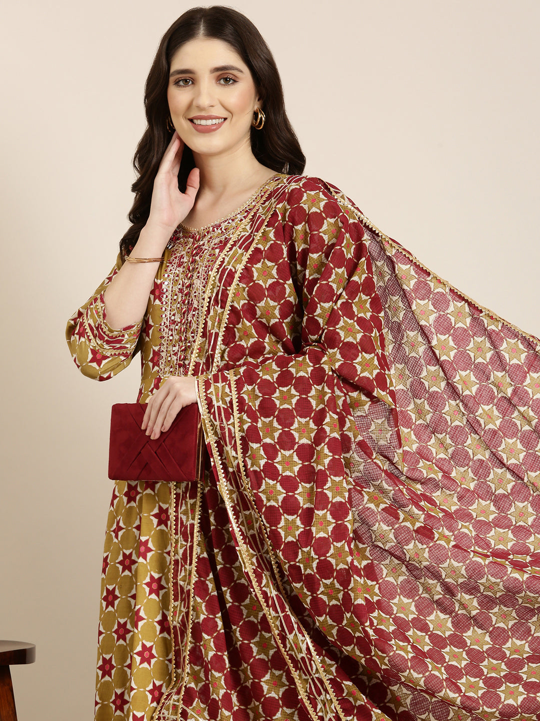 Women Khaki Geometrical Anarkali Kurta